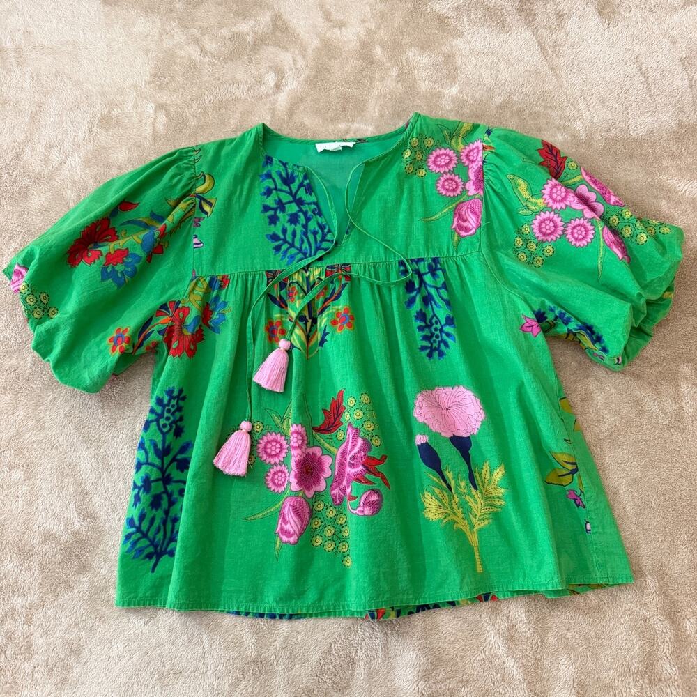 THML Boho Floral Puff Sleeve Tassel Blouse Top Green Pink Medium M Cottagecore